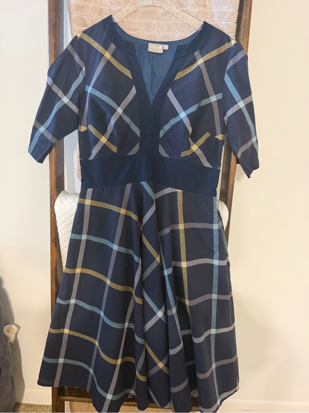 eshakti Navy Plaid Fit-and-Flare Dress with Blue and Yellow Accents
